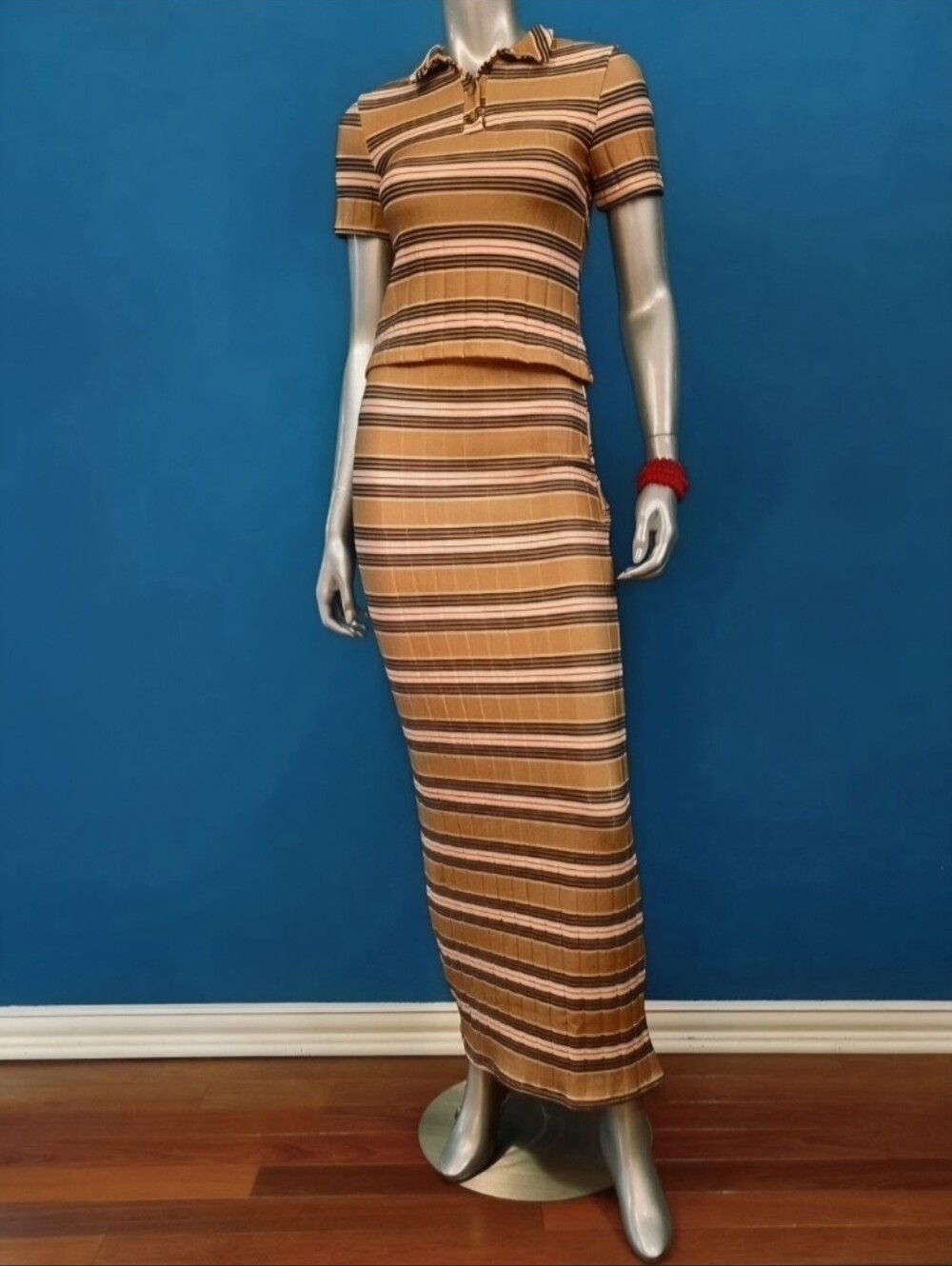 🆕️🍓ASOS Pink & Taupe Striped Brushed Rib Knit Maxi Skirt & Polo Top Set (NWOT)